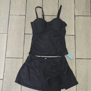 Yonique Black Tankini Swimsuit Set Ruched Top and Swim Skirt Size L NEW